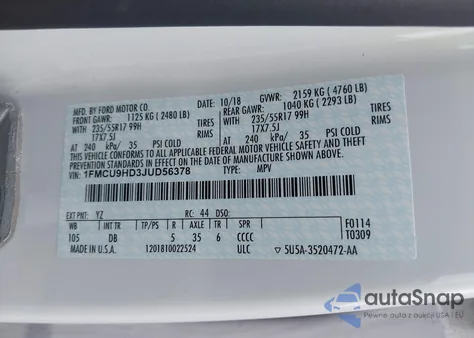 2018 Ford Escape Sel z USA, uszkodzony, nr VIN 1FMCU9HD3JUD56378